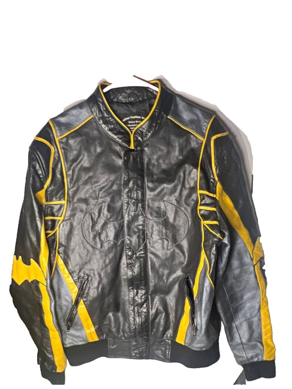 Batman Real Leather Motorcycle Biker Jacket Mens XL Black Yellow YKK